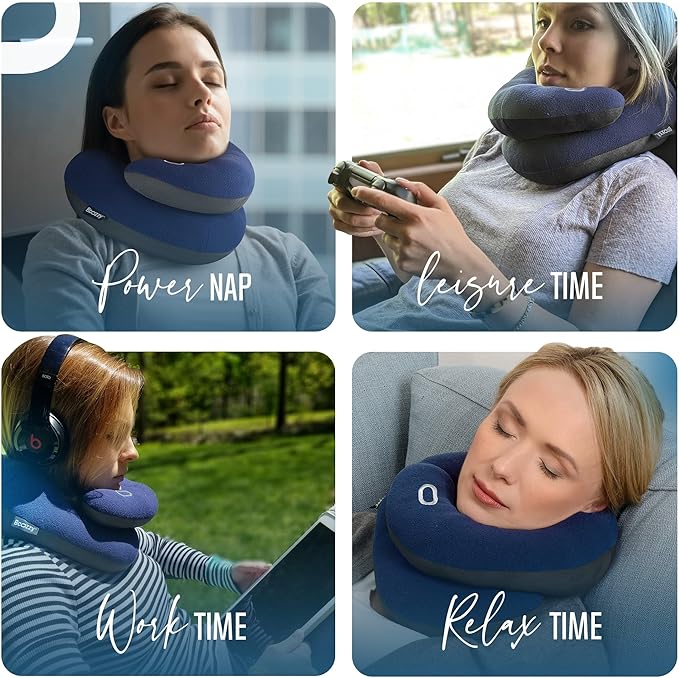 BCOZZY Travel Neck Pillow for Airplane– Patented Double Support for Head, Neck, and Chin. Best for Long Flights, Plane Sleeping, and Car Rides. Adjustable Size. Fully Washable. Carry Bag. Large, Black