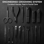 Earth & I Precision-Forged Stainless Steel Manicure Set - 16pc Satin Black Finish Nail Clippers for Thick Nails - TSA Compliant Travel Grooming System - Pedicure & Facial Care Kit - Gift Box