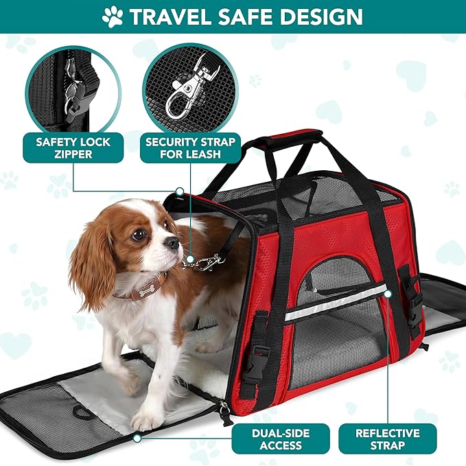 PetAmi Airline Approved Pet Carrier for Cats & Small Dogs, Soft Sided TSA Travel Carrier Bag with Sherpa Bed, Breathable Mesh Ventilation, Collapsible Bowl, Fits Under Seat, Up to 18 lbs, Small Red