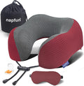 napfun Neck Pillow for Travel with Travel Pouch, Sleep Mask & Earplugs, Memory Foam Airplane Pillow for Headrest Sleep with Eyeshades, Plane Essentials with Eye Blindfold, Burgundy Striped Kit