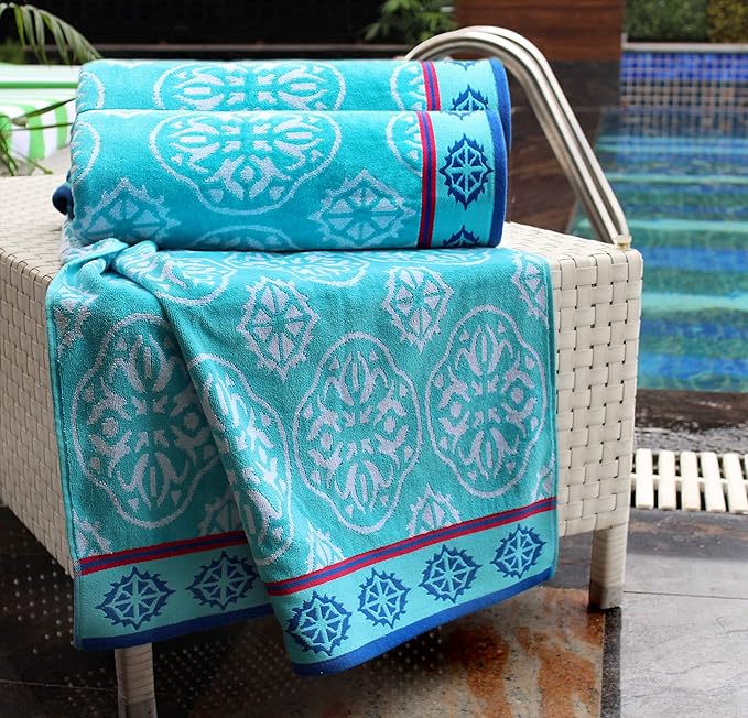 COTTON CRAFT Oversized XL Beach Towel 39 x 68-2 Pack - 100% Cotton Velour - Big & Huge - Pool Picnic Bath Towels - Jacquard Terry Thick Plush Super Soft Luxury - 450 GSM - Summer Trellis Pool Blue