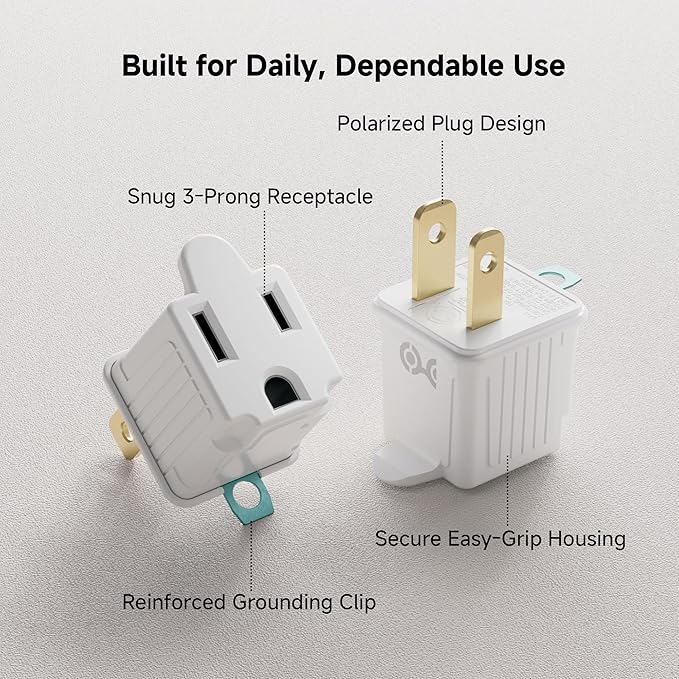 [ETL Listed] Cable Matters 3-Pack 2 Prong to 3 Prong Outlet Adapter, 3P to 2P Plug Adapter - Converts a 2Prong Outlet to Support 3Prong Plugs, White