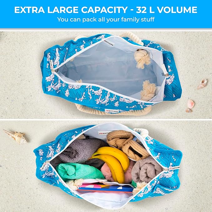 Beach Bag and Pool Bag Has Cooler Pocket, 7 Pockets Total, Zip Top. Family Size Waterproof Beach Tote