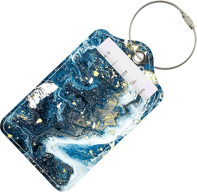 Luggage Tags for Suitcases, 2 Pack Cute PU Leather Suitcase Tag Identifiers TSA Approved with Stainless Steel Loop and Address Card for Baggage Tag for Travel Essentials Gold Foiled Marble, by Chelmon