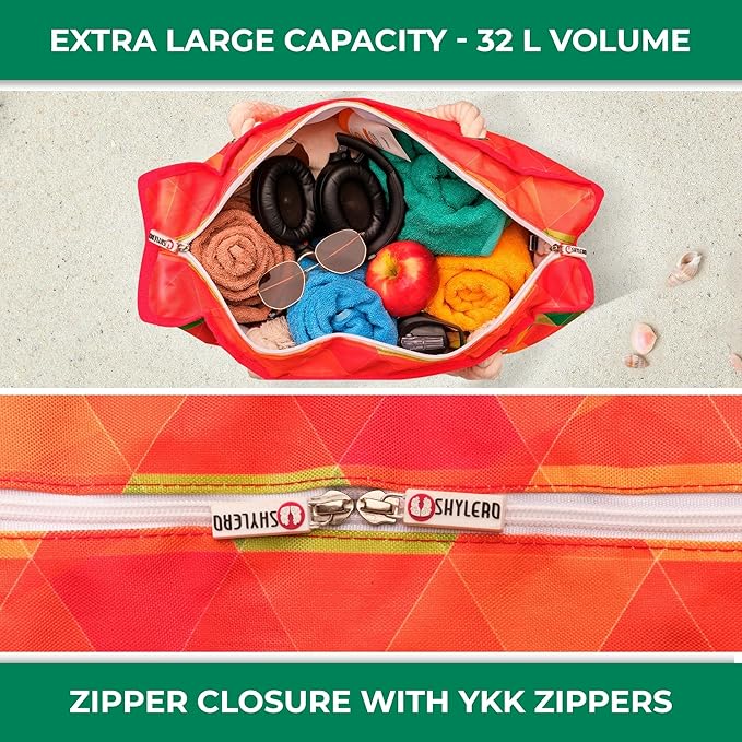 Beach Bag and Pool Bag Has Cooler Pocket, 7 Pockets Total, Zip Top. Family Size Waterproof Beach Tote