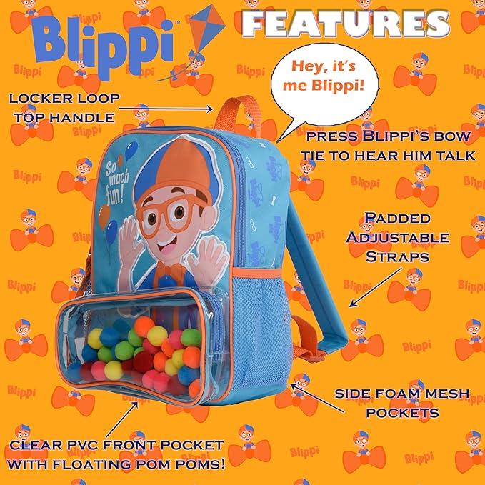 Blippi Backpack with Sound for Boys and Girls, Clear Front Pocket and Mesh Side Pockets, Toddler’s Schoolbag with Padded Back and Adjustable Straps, Versatile Day Pack for Kids, Blue and Orange
