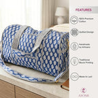 ATOSII Large Duffle Bag, Handblock Print 100% Quilted Cotton for Overnight Trip, Travel Weekender, Luggage, 2 Pockets with Zipper, 1 Front Pocket, Detachable Long Strap, 20 X 10 X 12 Inches, Celeste