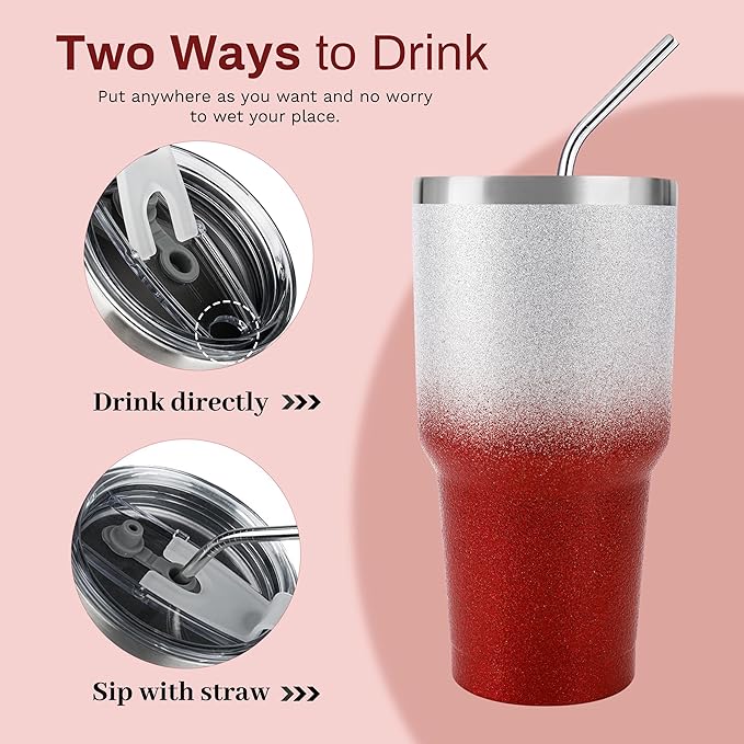 D·S 30 oz Tumbler Christmas Red Glitter Gradient Cup Stainless Steel Double Wall Vacuum Insulated Mug with Straw and Lid, Cleaning Brush for Cold and Hot Beverages