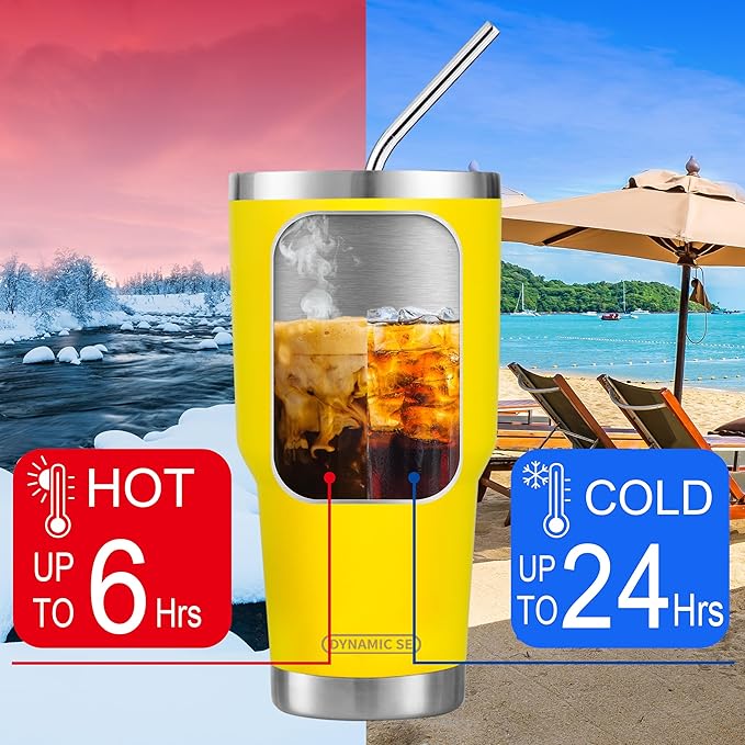 D·S 30oz Yellow Tumbler Stainless Steel Insulated Travel Mug with Straw Lid Cleaning Brush (30oz Yellow)