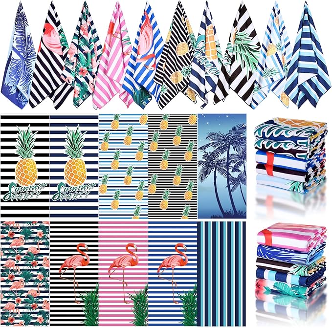EBOOT 10 Pack Oversized Beach Towel Set Extra Large Pool Towels Microfiber Quick Dry Swim Blanket for Adult Women Men Face Hand Body Bath Travel Pool(Novel Color,28 x 59 Inch,Flamingo)