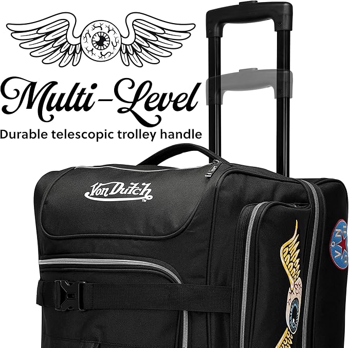 Von Dutch Signature Patch Carry-On 20-Inch Rolling Duffel with Telescopic Trolley Handle and Inline Skate Wheels