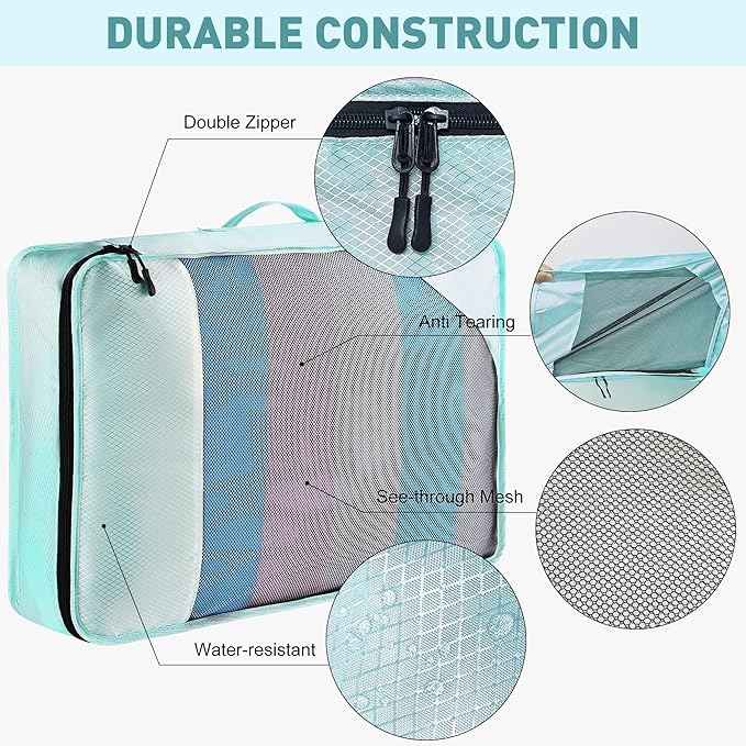 Toncoke 8-Piece Packing Cubes for Travel, 2026 Upgraded Durable Zippers & Reinforced Mesh, Complete Luggage Organizer Set with Shoe/Toiletry/Laundry Bags, 4 Sizes for Suitcase, Men Women, Lake Blue