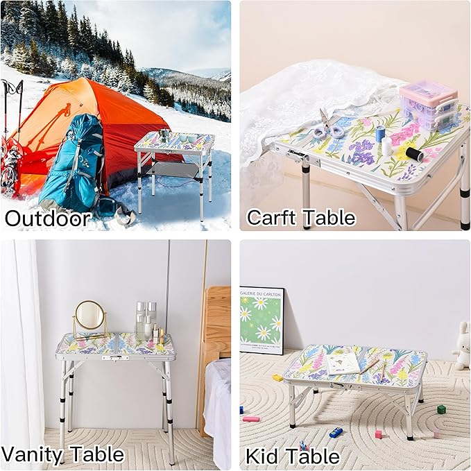 Yriuat Folding Camping Table 2ft Portable Pinic Table Adjustable Height Small Card Table Aluminum Foldable Lightweight with Carry Handle for Outdoor Indoor Hiking Camp BBQ Beach (Blooming Floral)