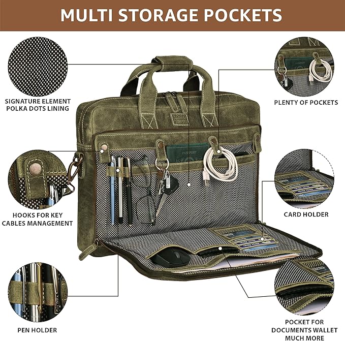 LEATHER VILLAGE 16" Leather Laptop Messenger Briefcase Bag for Men-Leather Satchel for Travel and Office Shoulder Bag- Olive