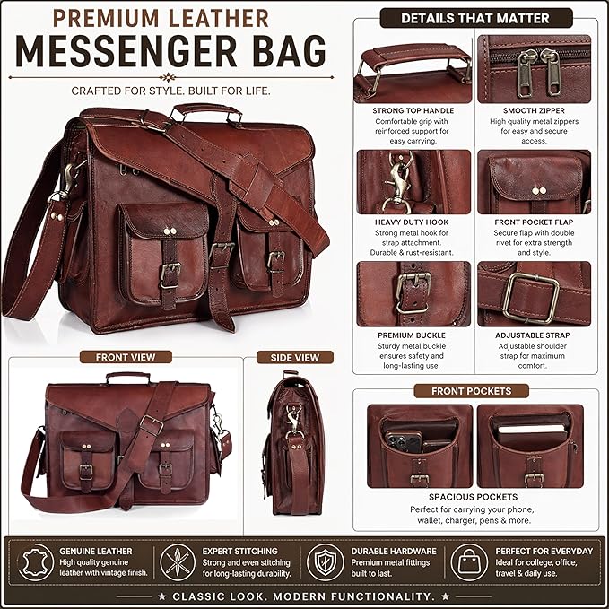 DHK Laptop Messenger Bag 17.6 Inch, Tocode Water Resistant Vintage Canvas Leather Shoulder Bag, Durable Computer Bags Business Briefcases Satchel Bag Work Bags for Men and Women, Coffee (brown)