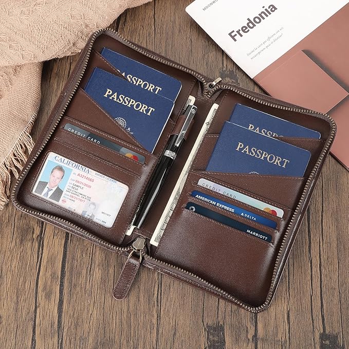 Polare Full Grain Leather Passport Holder Cover Case for Men and Women RFID Blocking Family Travel Wallet Holds 6 Passports