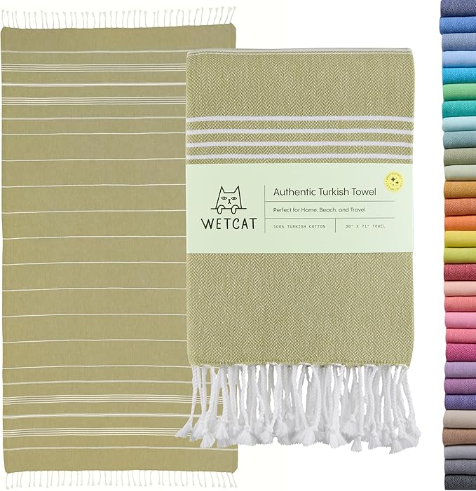 WETCAT Turkish Beach Towel Oversized (38"x71") 100% Turkish Cotton, Made in Turkey - Sand Free, Extra Large, Ultra Soft, Quick Drying, Compact & Lightweight for Travel - Sage Green