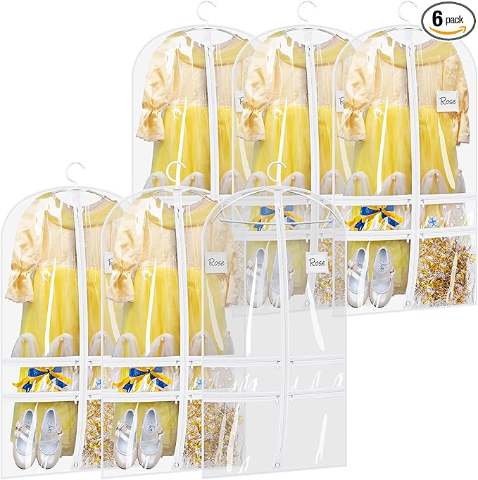 SLEEPING LAMB 6 Packs Clear Garment Bags for Dancers With 4 Pockets, 40" Kids Costume Bag for Travel and Dance Competition, Hanging Clothes Storage for Dress, Uniform, White