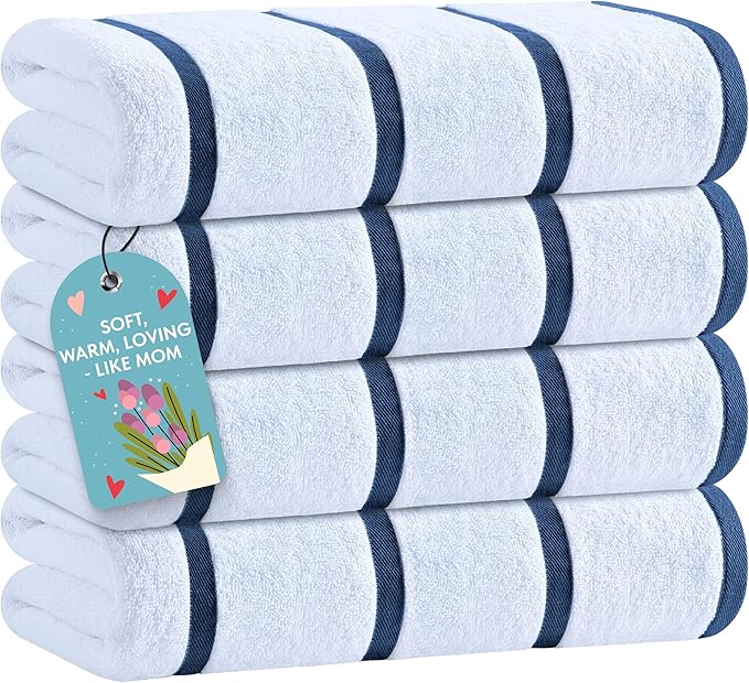 White Classic Cotton Pool Towels Oversized 30 x 60 Inches, Ultra Absorbent and Low Lint Striped Beach Towels for Adults, Stripes Design Luxury Extra Large Bath Towels, Navy Blue, 4 Pack