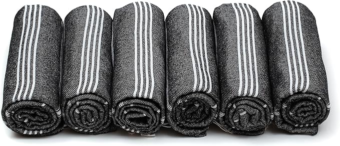 HAVLULAND Turkish Beach Towel - Sand Proof - 100% Certified Organic Turkish Towel (Oversized 72" x 40") Quick Dry Beach Towels for Bath, Pool, Travel, Camping - Black, 6 Pack
