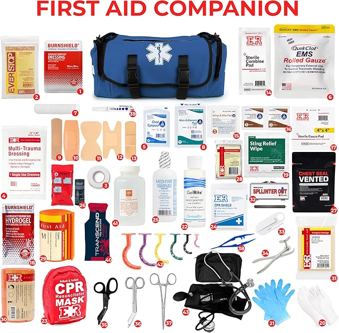 Fully Stocked EMT Trauma Bag – Tactical First Responder Medical Kit with Tourniquet, Chest Seals, Bleeding Control, Gauze, Shears & Bandages – Navy Blue