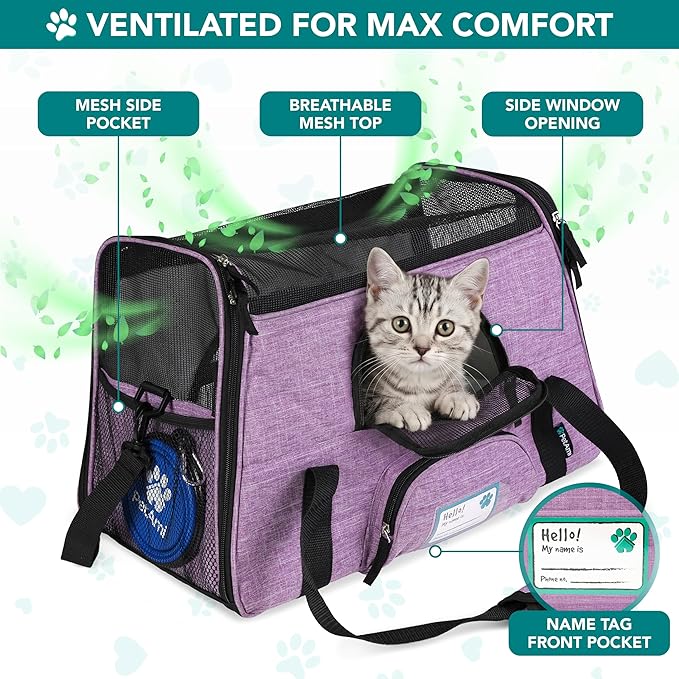 PetAmi Airline Approved Pet Carrier for Cats & Small Dogs, Soft Sided TSA Travel Carrier Bag with Sherpa Bed, Breathable Mesh Ventilation, Collapsible Bowl, Up to 18 lbs, Large Heather Purple