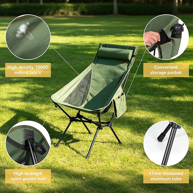 TOBTOS Portable High Back Camping Chair, Support 440 lbs, Ultralight Folding Chair with Head Support, Compact Backpacking Chair for Outdoor Camp Backpacking Fishing (Green)