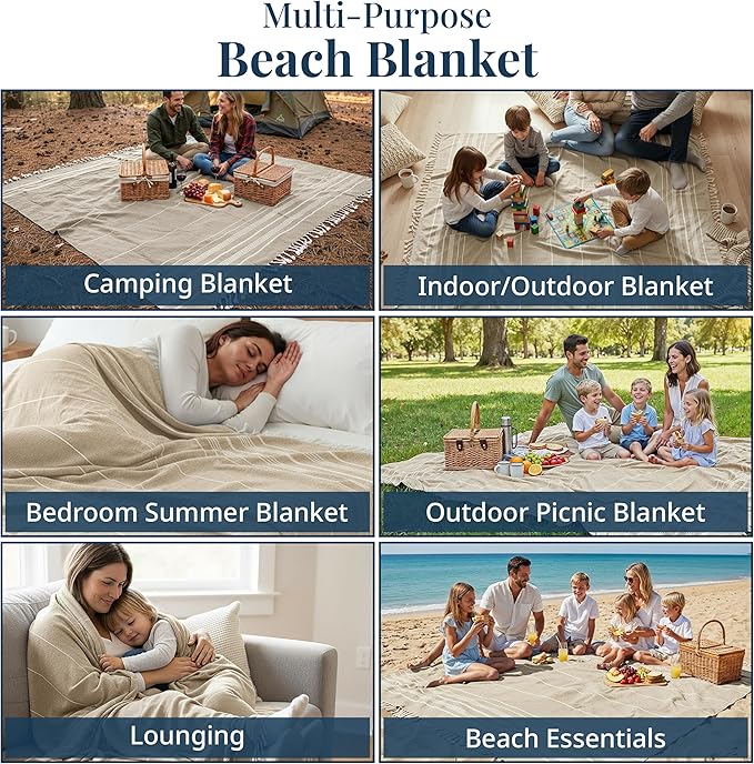 LANE LINEN Picnic Blankets - Turkish Beach Blanket Sandproof with Lightweight Quick Dry Design, 82"x82", Beach Summer Vacation Essentials for Relaxing, Park Outings or Yoga Mat – Beige
