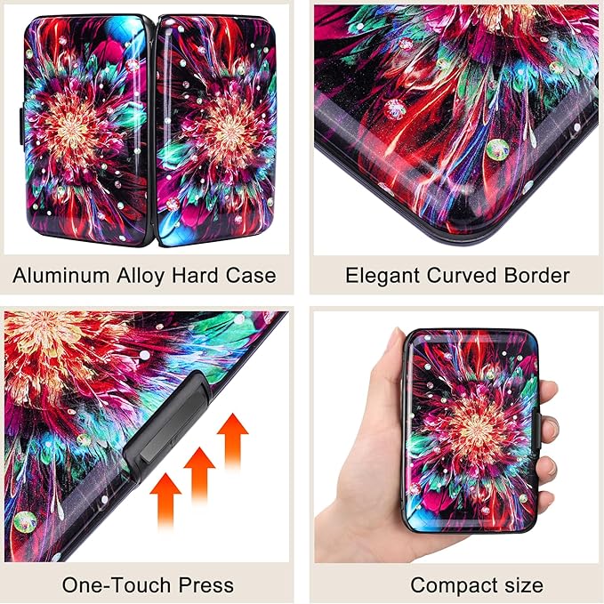 ELFISH Mini RFID Aluminum Wallet Credit Cards Holder Business Card Case Metal ID Case for Men Women (Gorgeous flower)