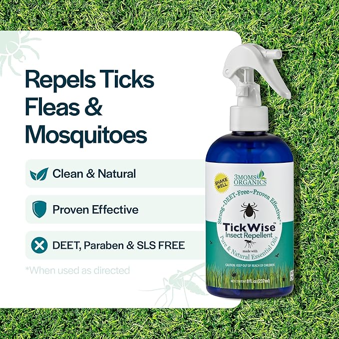 3 Moms Organics, TickWise 8oz Extra Strength Double Whammy 2-Pack - DEET- Free, Tick and Insect Repellent, Plant Based Essential Oils, All Natural Ingredients, Safe for Kids, Adults, Dogs & Horses