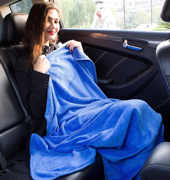 BlueHills Premium Soft Plush Travel Blanket Value Pack Set of 2 - Airplane Travel Essential Flight Blanket Throw in a case Compact Car Plane Travel Gift – Beige and Royal Blue.