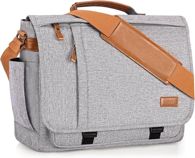 ESTARER Messenger Bag 17-17.3 Inch, Men's Computer Bag Water-resistant Canvas, Laptop Shoulder Bag for Travel Work College, Light Grey