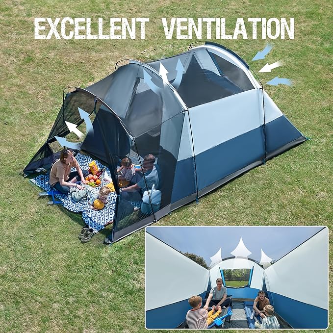 PORTAL 6/8/10 Person Family Camping Tent with Screen Room, Water Resistant Big Tunnel Tents with Rainfly, Large Family Tent for Camping, Outdoor, Patio