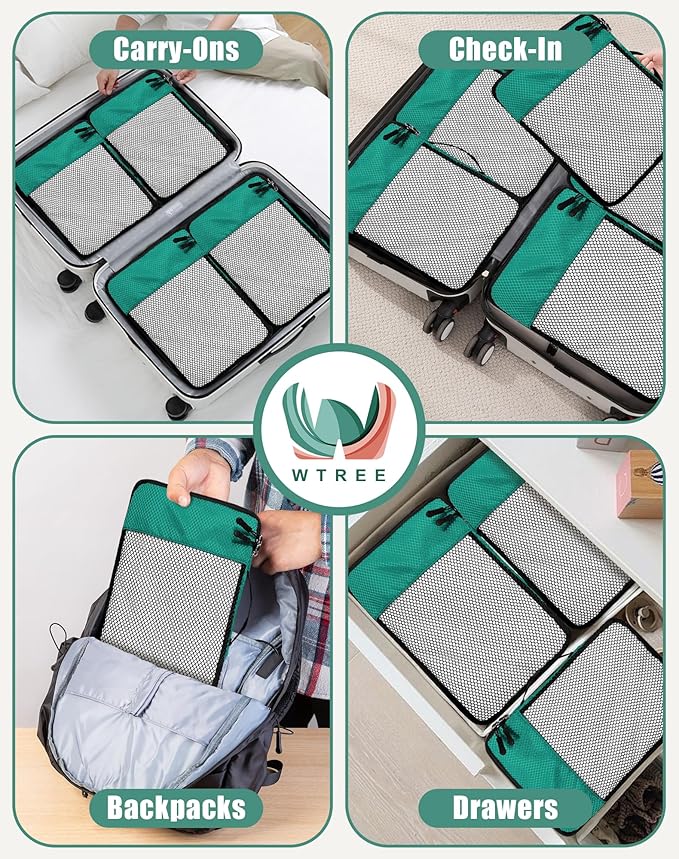 WTREE 4-Piece Packing Cubes Travel Accessories Set for Suitcases - Luggage Organizer Bags with Double Zipper - Mesh Top - Small - Green