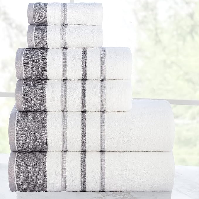 CASA COPENHAGEN White Bay 6Pcs 100% Egyptian Cotton Large Designer Towels Gift Set- White - Dark Grey, 600GSM, 2Bath 2Hand 2Washcloths, Bath Towels for Bathroom Set for Women & Men