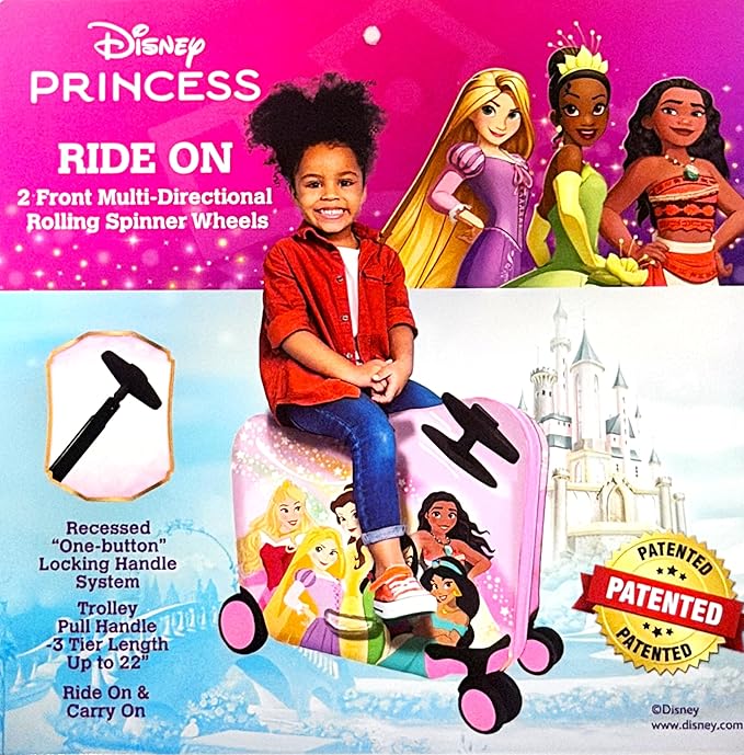 Fast Forward 2-in-1 Kids 18” Suitcase & Ride-On Luggage -Lightweight Tow-Along Toddler Luggage With Wheels (Princess)