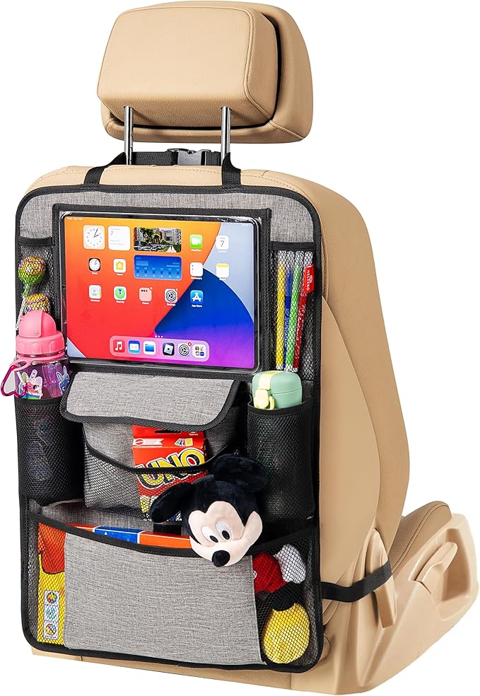 Helteko Car Seat Organizer, Ultra Version Kids Backseat Car Organizers and Storage, Waterproof Back Seat Protector Kick Mats with Tablet Holder 12" Car Accessories Interior, Gray, 1 Pack