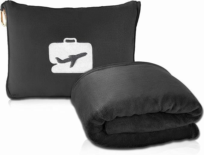 EverSnug Travel Blanket and Pillow Value Bundle – Compact & Lightweight | 2 in 1 Airplane Blanket with Soft Bag Pillowcase, Hand Luggage Sleeve and Backpack Clip | Color Includes Pink & Black