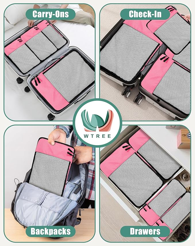 WTREE 4-Piece Packing Cubes Travel Accessories Set for Suitcases - Luggage Organizer Bags with Double Zipper - Mesh Top - Small/Medium/Large/Slim - Pink