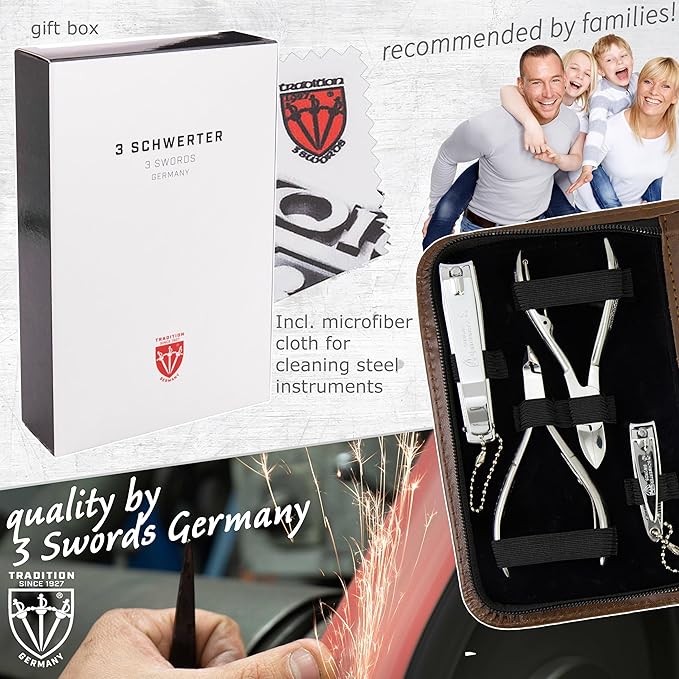 3 Swords Germany - brand quality 10 piece manicure pedicure grooming kit set for nail care scissors clipper brown synthetic leather case - Made by 3 Swords