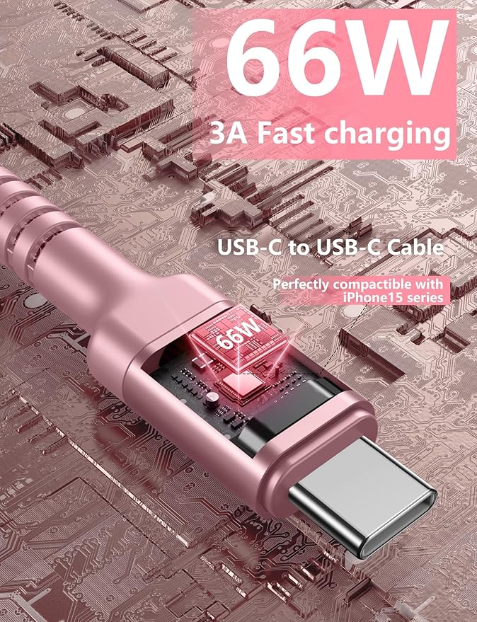 USBC to USBC Cable Fast Charging 66W, 2Pack 3FT USB C Cable, iPhone USB C Charger Cable Short USB Type C to C Cord Nylon Braided for iPhone 17/16/15/Pro Max/Plus/Samsung Galaxy S23/LG and More-Pink