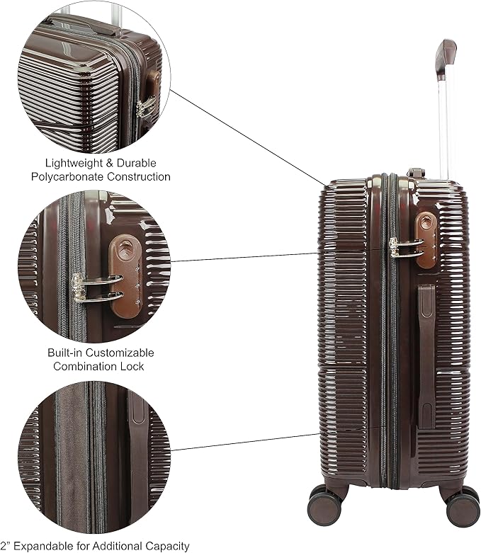 World Traveler VentureX Airline Approved 2-Piece Carry-On Luggage Set – Lightweight Hardside Polycarbonate Suitcase with Spinner Wheels - Brown