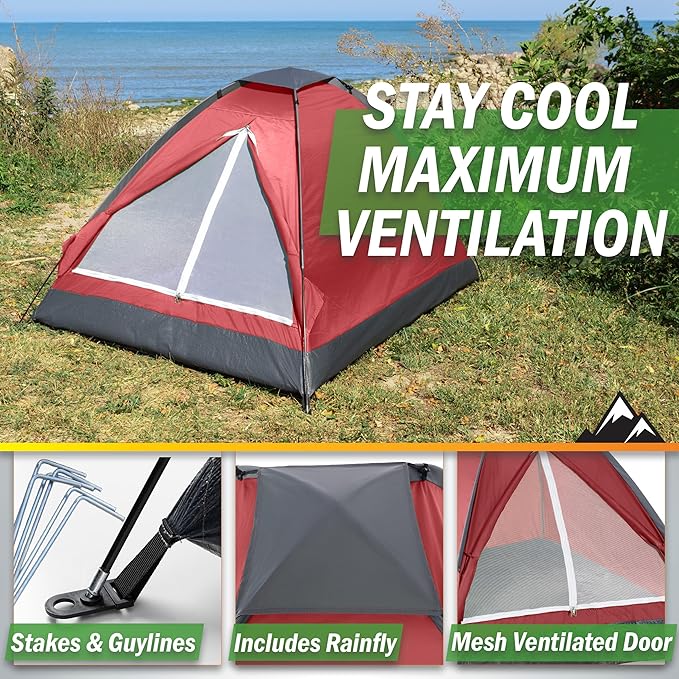 2 Person Outdoors Camping Tent with Rain Fly and Carrying Bag - Lightweight Outdoor Pop Up Tents for Camping Essentials, Music Festivals, Backpacking, Hiking, or Beach Shelter by Wakeman Outdoors