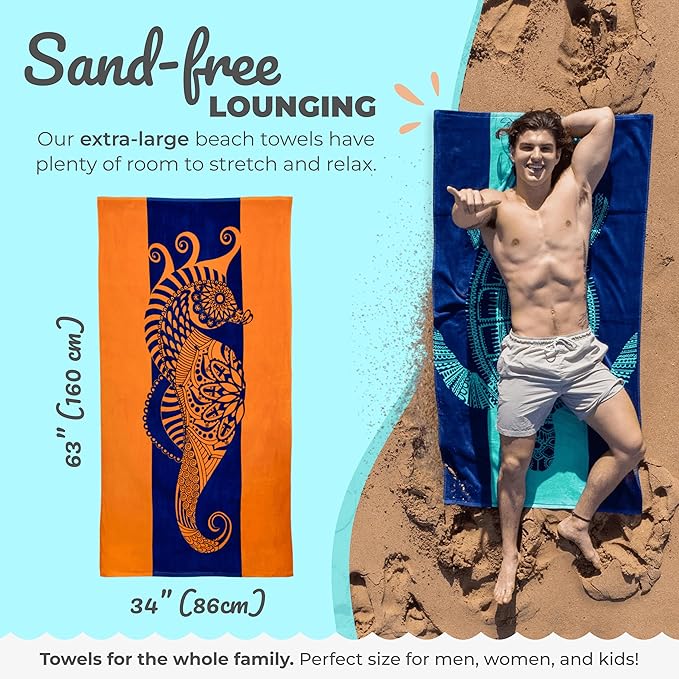 Nova Blue Seahorse Beach Towel – Blue and Orange with A Tropical Design, Extra Large, XL (34”x 63”) Vibrant, Bright, Colorful Pool Towel Made from 100% Cotton