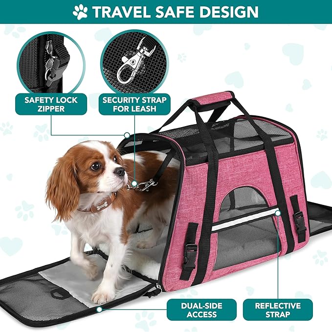 PetAmi Airline Approved Pet Carrier for Cats & Small Dogs, Soft Sided TSA Travel Carrier Bag Sherpa Bed, Breathable Mesh Ventilation, Collapsible Bowl, Fit Under Seat, Up to 18 lbs, Large Heather Pink