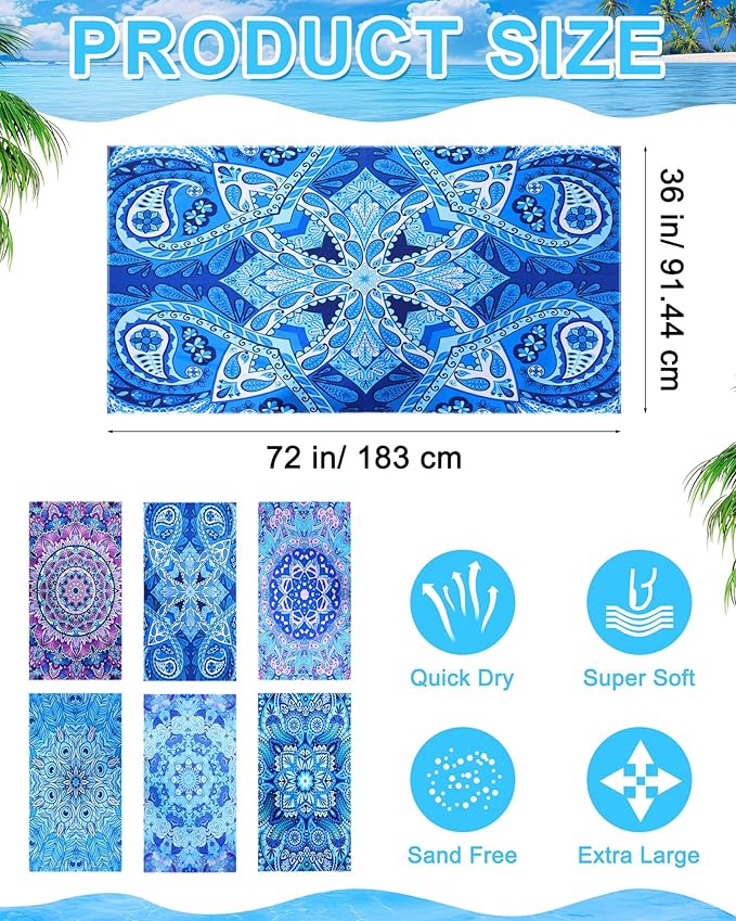 FuWeave 6 Pcs 72 x 36" Microfiber Oversized Beach Towels Large Absorbent Thin Compact Lightweight Sand Free Quick Dry Towels Pack for Travel Pool Yoga Gym Sports Beach Accessories(Mandala)