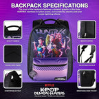 AI ACCESSORY INNOVATIONS K-Pop Demon Hunters Huntrix 16” Backpack for Girls, Featuring Rumi, Zoey, Mira, Rubber Molded Bag Charm, Huntrix