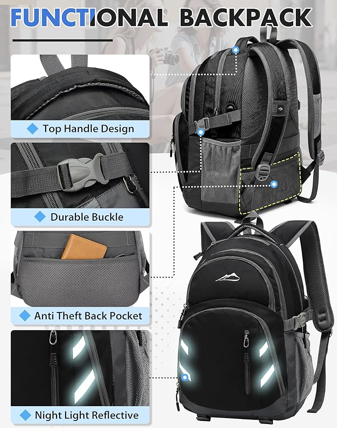 ProEtrade Backpack Bookbag for College Laptop Travel, Fit Laptop Up to 15.6 inch with USB Charging Port Multi Compartment Anti theft, Gift for Women Men (Black)