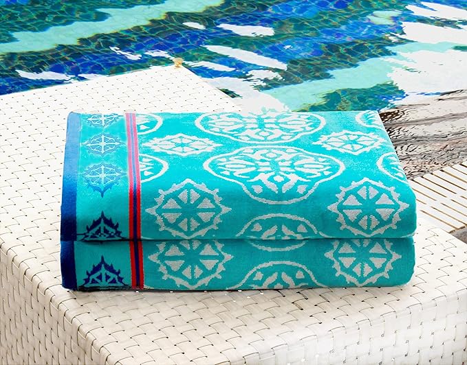 COTTON CRAFT Oversized XL Beach Towel 39 x 68-2 Pack - 100% Cotton Velour - Big & Huge - Pool Picnic Bath Towels - Jacquard Terry Thick Plush Super Soft Luxury - 450 GSM - Summer Trellis Pool Blue