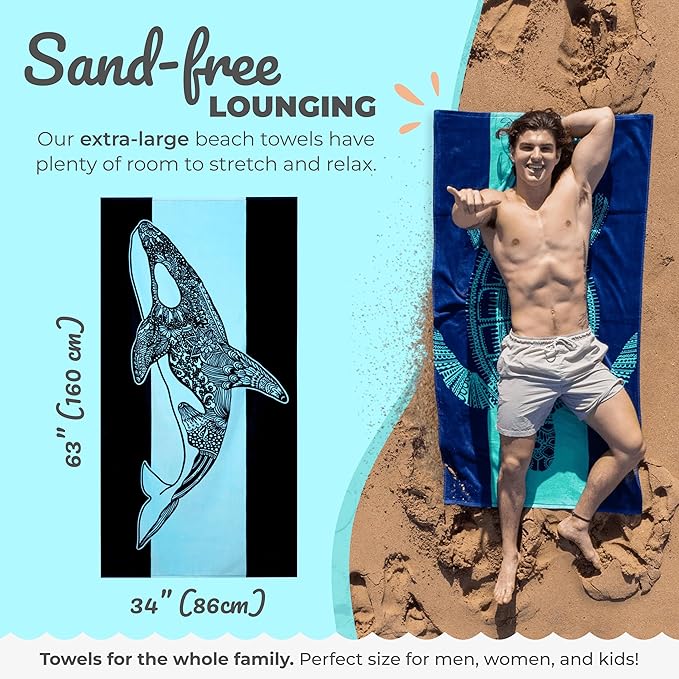 Nova Blue Orca Beach Towel (34 X 63) – Navy & Blue Colorway with Tropical Whale Design Travel Beach Towels Made from 100% Cotton – Vibrant Colorful Blanket Towel – Extra Large